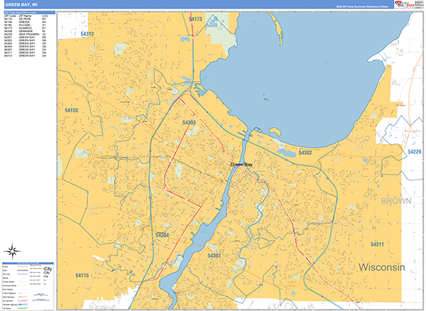 Green Bay Zip Code Wall Map